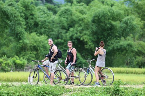 Les touristes louent des vélos pour le déplacement autour du village - Voyage Mai Chau